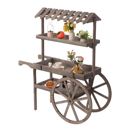Vintiquewise Antique Rustic Solid Wood Display Rack, 3 Tier w/Wheels, Wood Wagon w/Shelves QI004639
